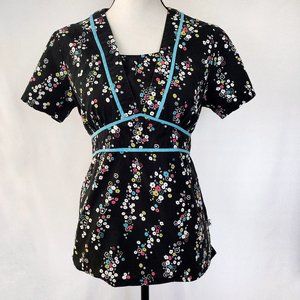 Cherokee Studio Black Floral Back Tie Scrub Top